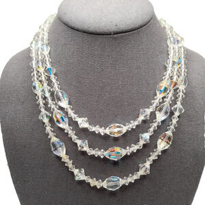Vintage AB Crystal Bead Necklace, Three Strands, Wedding Necklace, 18"